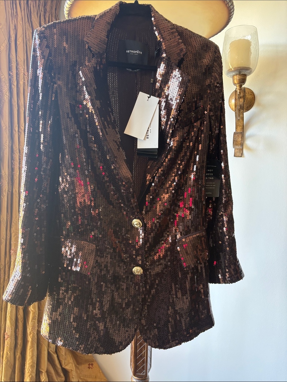Retrofete dark, chocolate stunning sequined coat, gold tone buttons